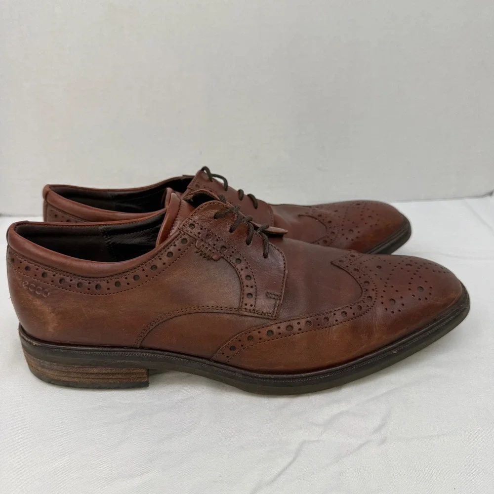 Ecco Mens Dublin Wingtip Oxford Cognac Brown Leather Brogue Dress Shoes Size 43